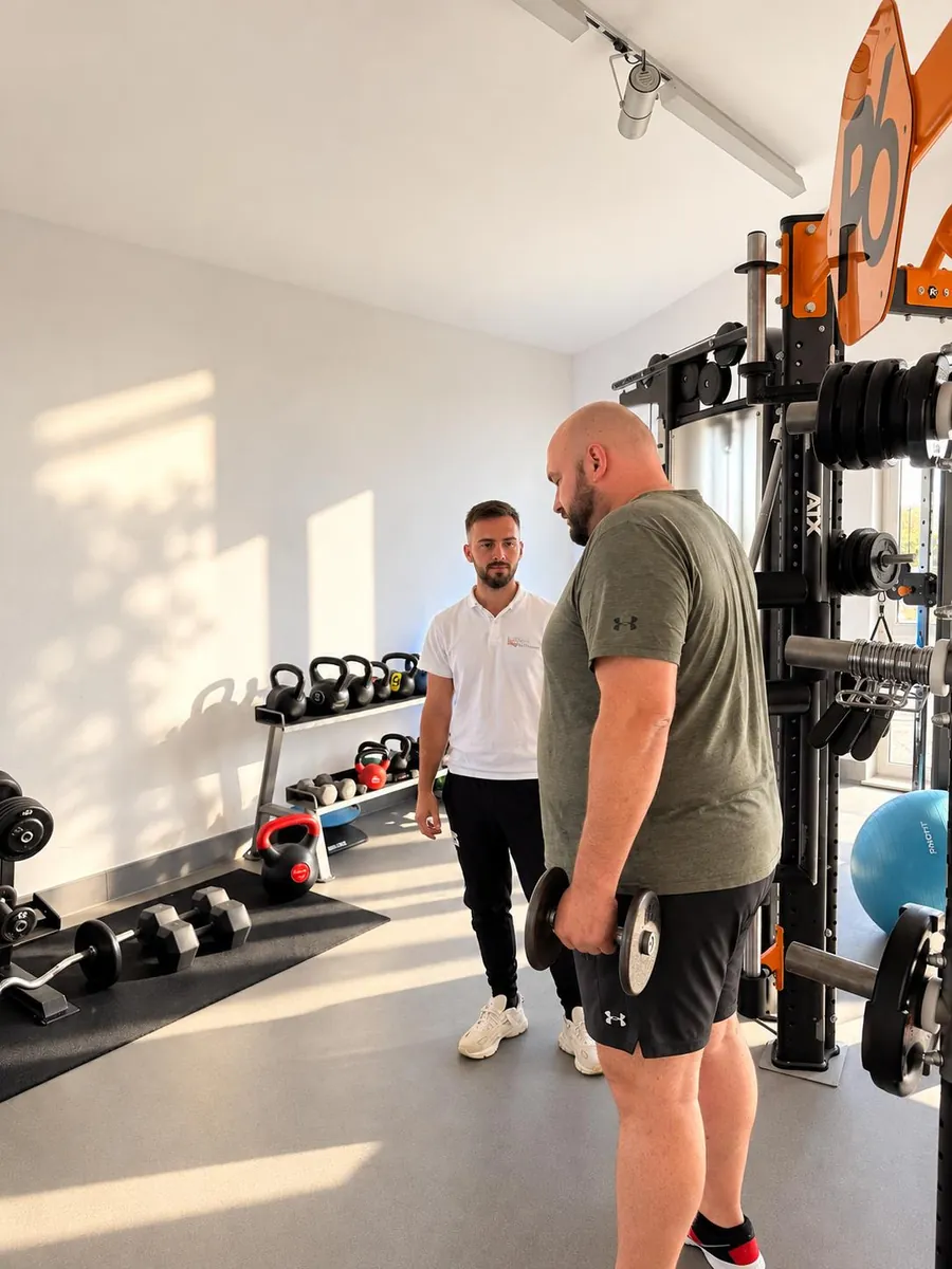 Ein Teilnehmer hält eine Kurzhantel, Nils steht daneben, im Hintergrund Kettlebells und Hanteln