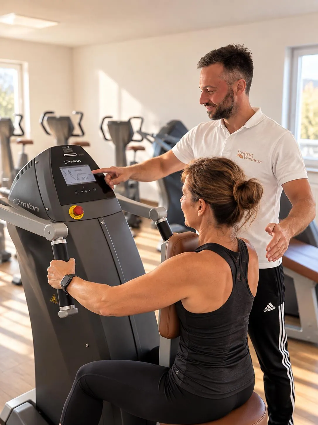 Nils zeigt einer Teilnehmerin am Display eines milon-Kraftgeräts ihr Training