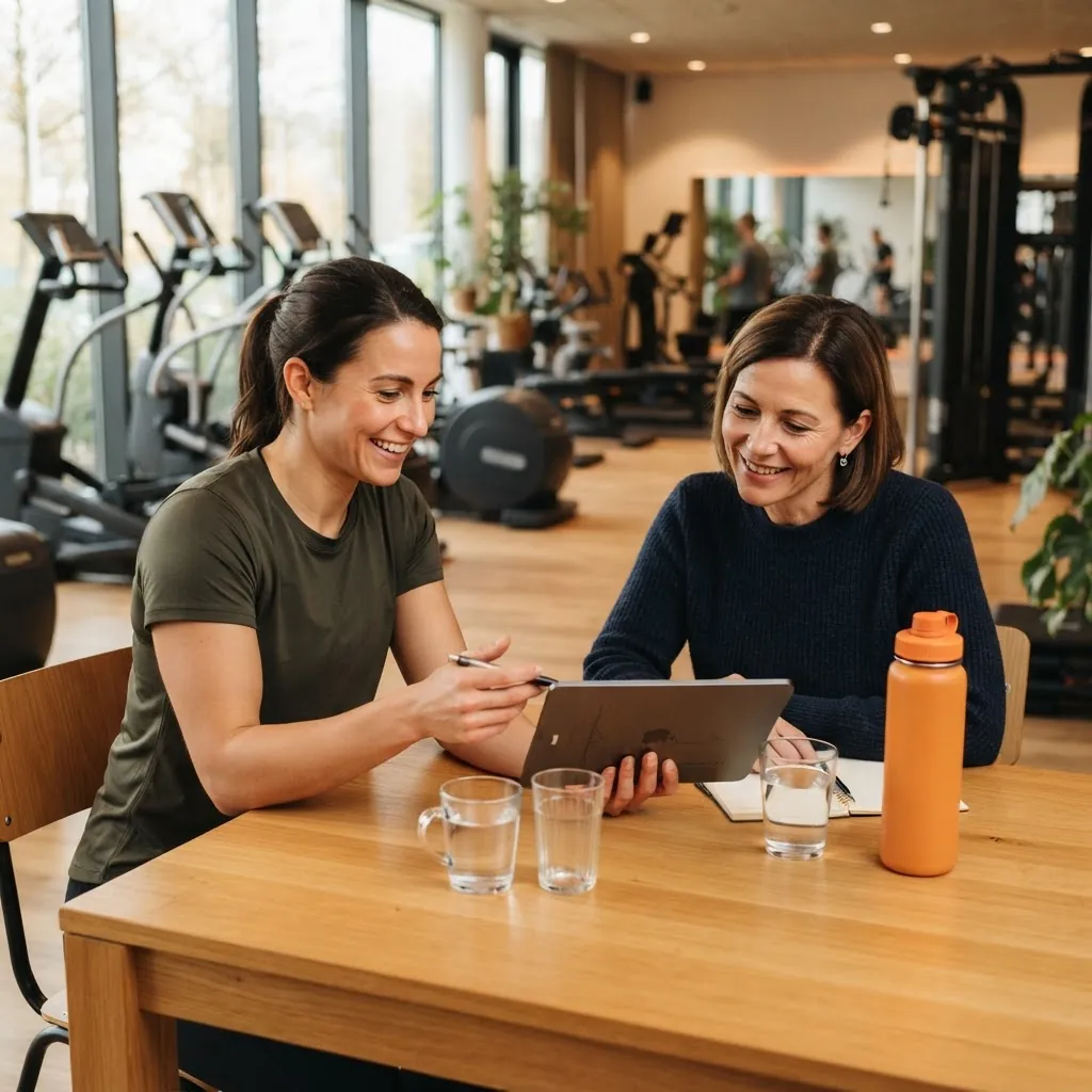 Ersttermin: Trainer und Kundin besprechen am Tablet Ziel und Trainingsstart