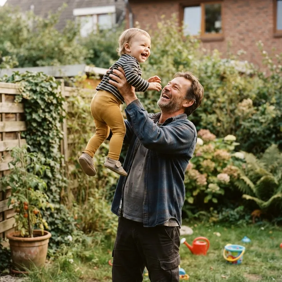 Ein Mann hebt im Garten lachend ein Kleinkind hoch