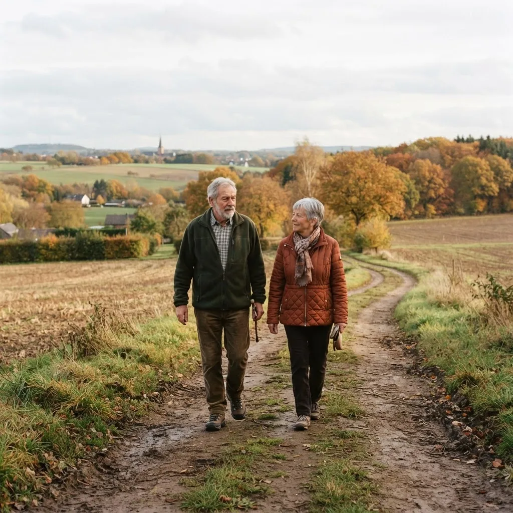 Paar geht im Herbst auf einem Feldweg spazieren (Symbolbild)