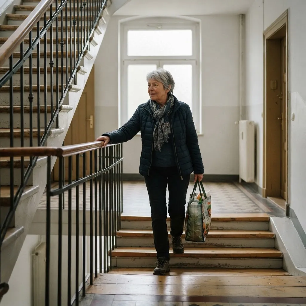 Frau geht mit Einkaufstasche sicher eine Treppe, Hand am Geländer (Symbolbild)