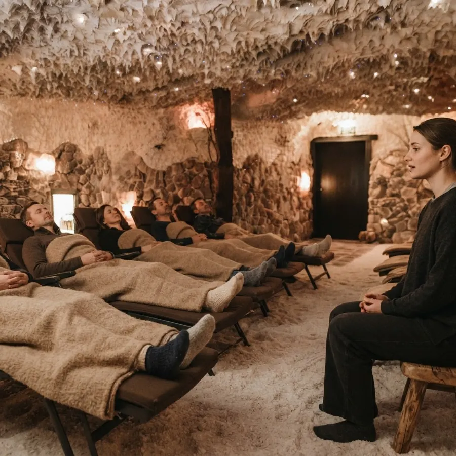 Kleine Gruppe liegt unter Decken in der Salzgrotte, die Kursleiterin sitzt daneben und spricht leise