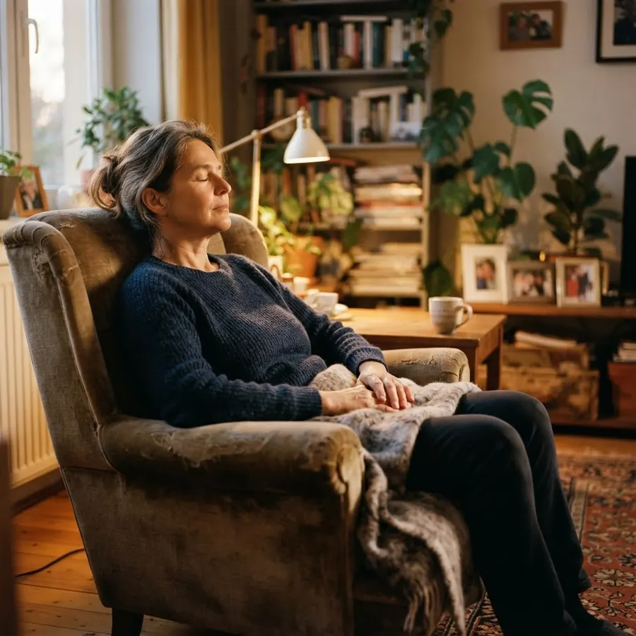 Frau sitzt zu Hause im Sessel, die Augen geschlossen, die Hände locker auf den Oberschenkeln