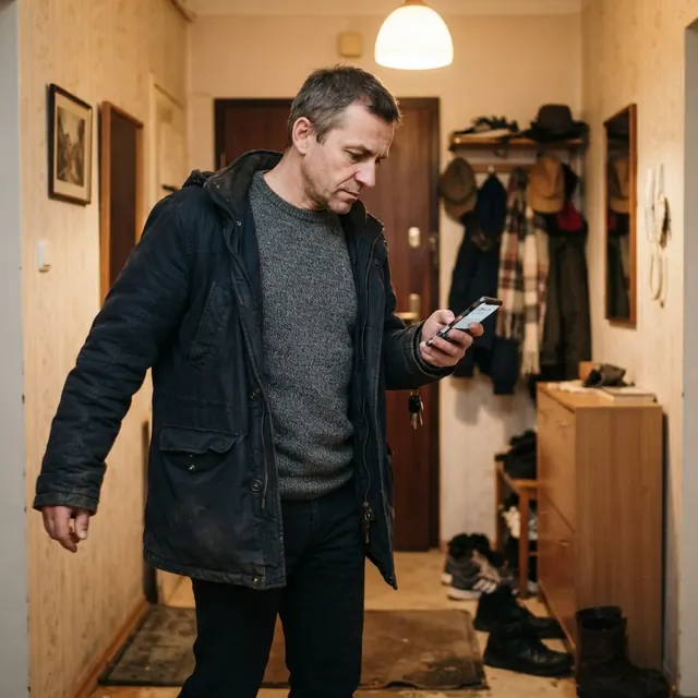 Mann kommt abends nach Hause, Jacke halb aus, den Blick noch auf dem Handy