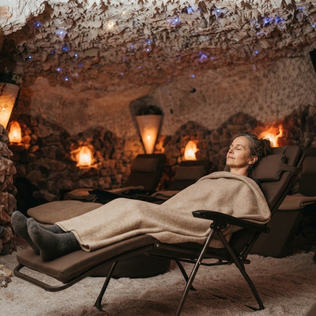 Symbolbild: Frau ca. 50 liegt unter einer beige Wolldecke auf einer Liege in der Salzgrotte, Augen geschlossen, darüber die Kristalldecke mit blauen Lichtpunkten, hinten orange Salzlampen